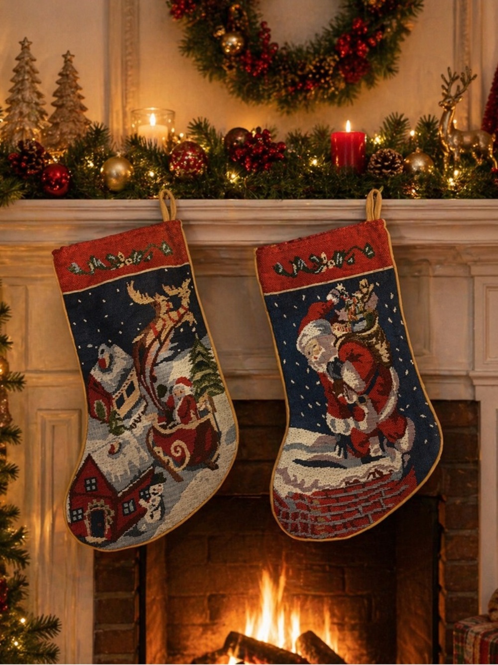 Vintage Christmas Needlepoint Stockings Set of 2 Santa Sleigh Fireplace Decor